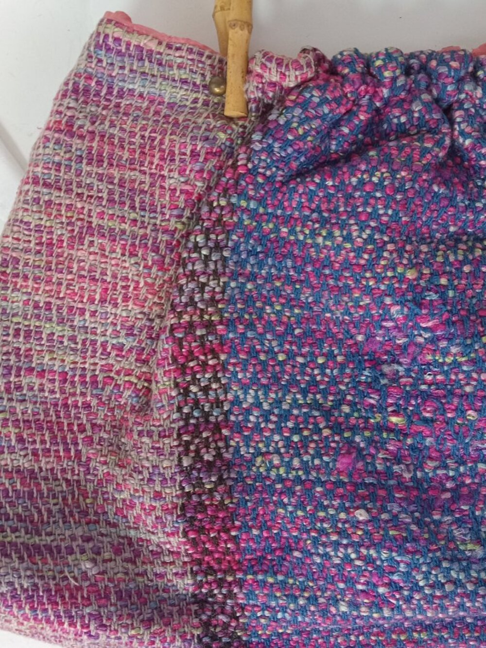 Vintage Hand Woven Fabric Textile Handbag Purse Pink Blue Bamboo Handles - Picture 5 of 15